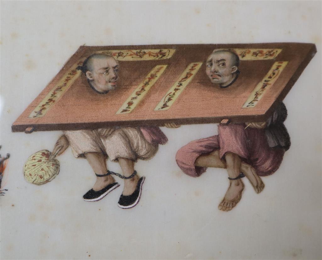 19th century Chinese School, three gouache on watercolour, Torture and execution scenes, 16 x 19cm
